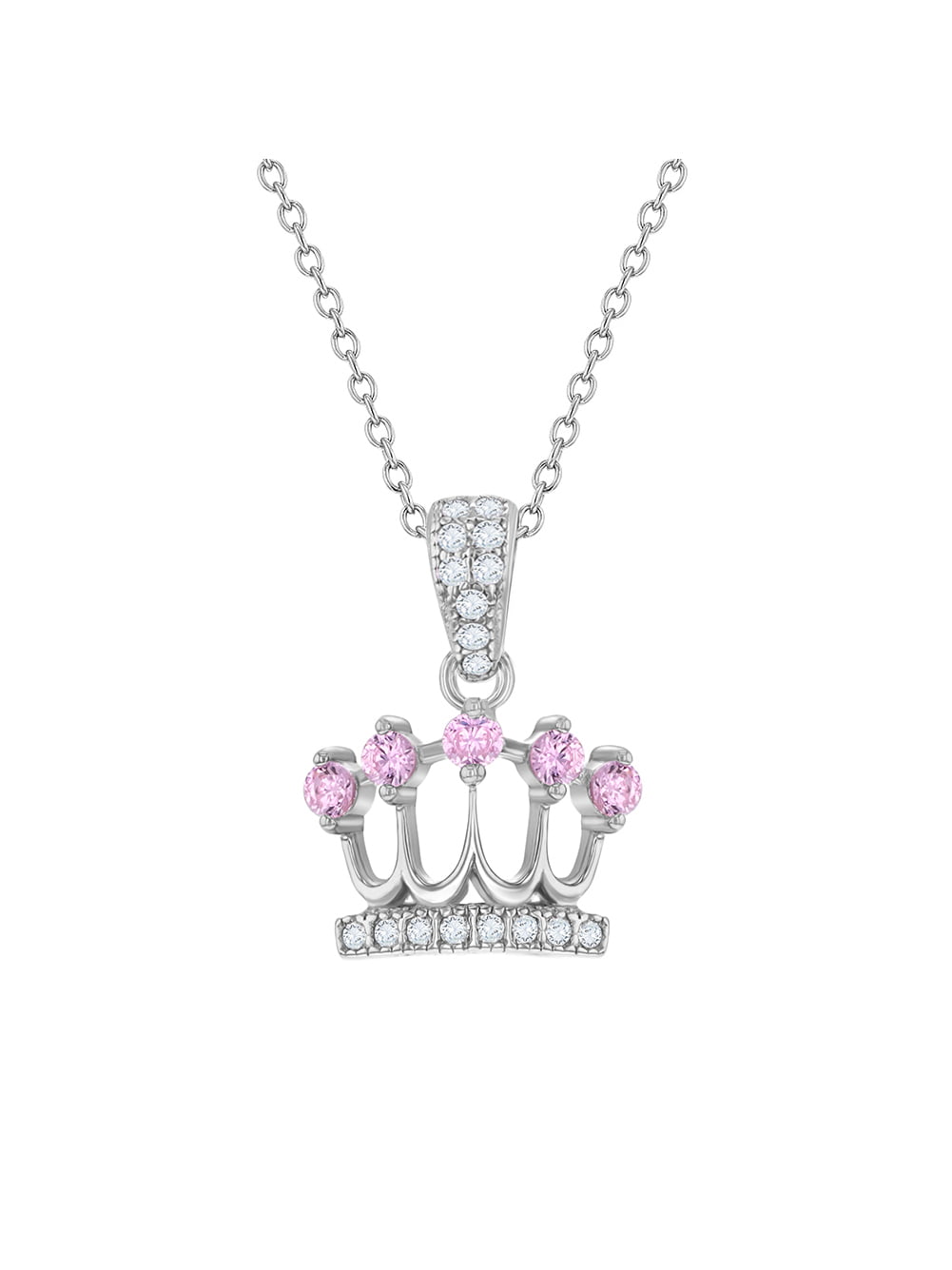 925 Sterling Silver Princess Crown Necklace Pendant Girls Pre Teens Pink CZ 16" 