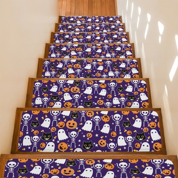 Stair Treads Non Slip Indoor for Wooden Steps, Halloween Purple 4 Pcs Stair Mats for Kids Elders Dogs, 8 x 30 Inch Black White Ghost Orange Skull Pumpkin Carpet Treads Runner Rugs for Staircase