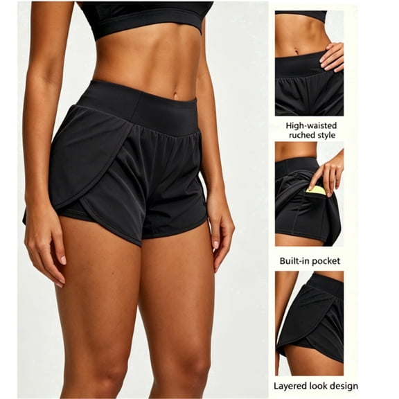 JUXIAO Women's Shorts, 2-in-1 Double-Layer Stretch High-Waisted Sports Shorts, Comfortable & Breathable with Pockets, Perfect for Workouts, Running, Yoga, and Tennis, Black, XXL