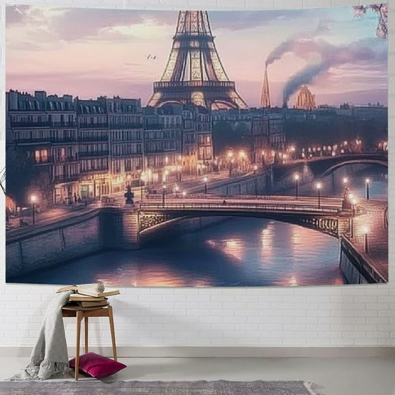 Autua Vintage Parisian tapestry, Eiffel Tower cityscape wall art tapestry, vintage romantic french city background watercolor aesthetic tapestry ornament 40x30inch