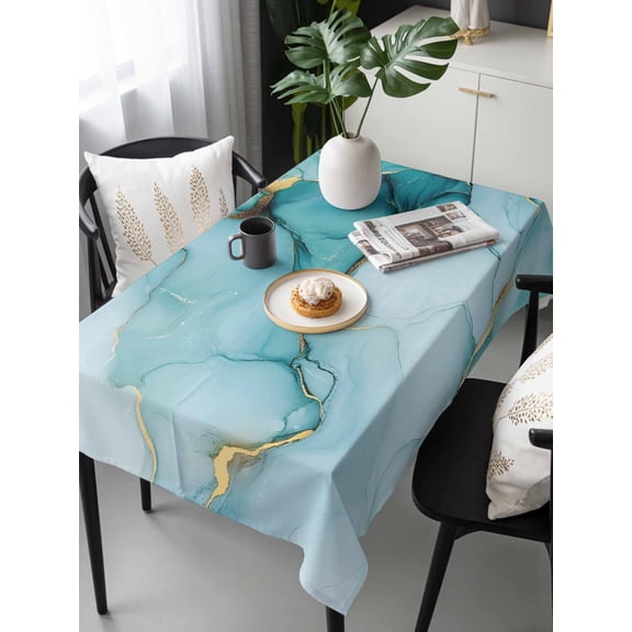 Marble Teal Tablecloth Rectangle Table Cloths 54x108, Waterproof Tablecloth Outdoor Table Cloth, Golden Ink Painting Abstract Modern Washable Table Cover for Kitchen Dinning Party