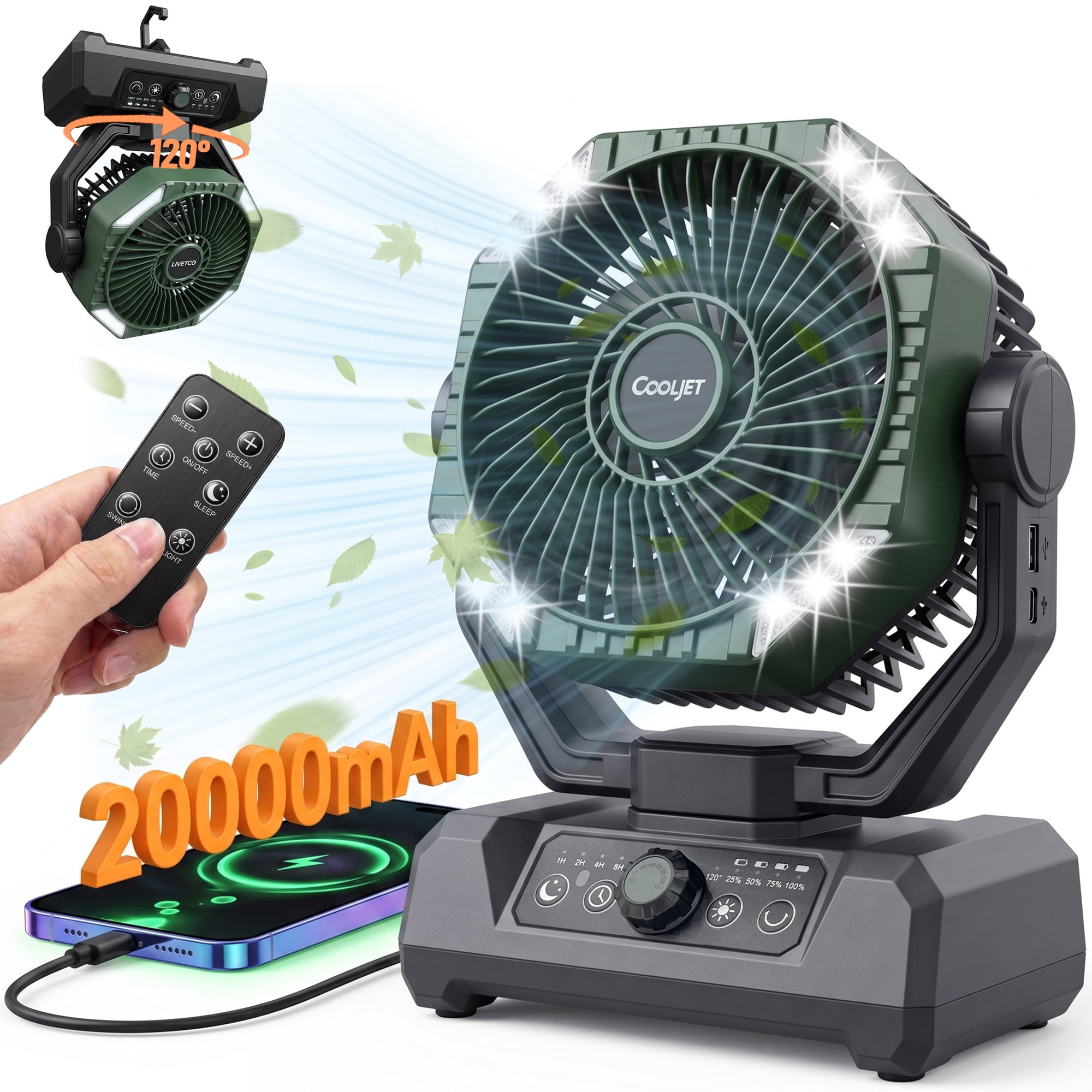 VISENTOR 20000mAh Camping Fan with Light, Portable Battery Powered Outdoor Fan with 120° Oscillation, Remote and Timer, Rechargeable Tent Fan for Travel, Hiking, Fishing, Picnic