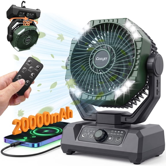 VISENTOR 20000mAh Camping Fan with Light, Portable Battery Powered Outdoor Fan with 120° Oscillation, Remote and Timer, Rechargeable Tent Fan for Travel, Hiking, Fishing, Picnic