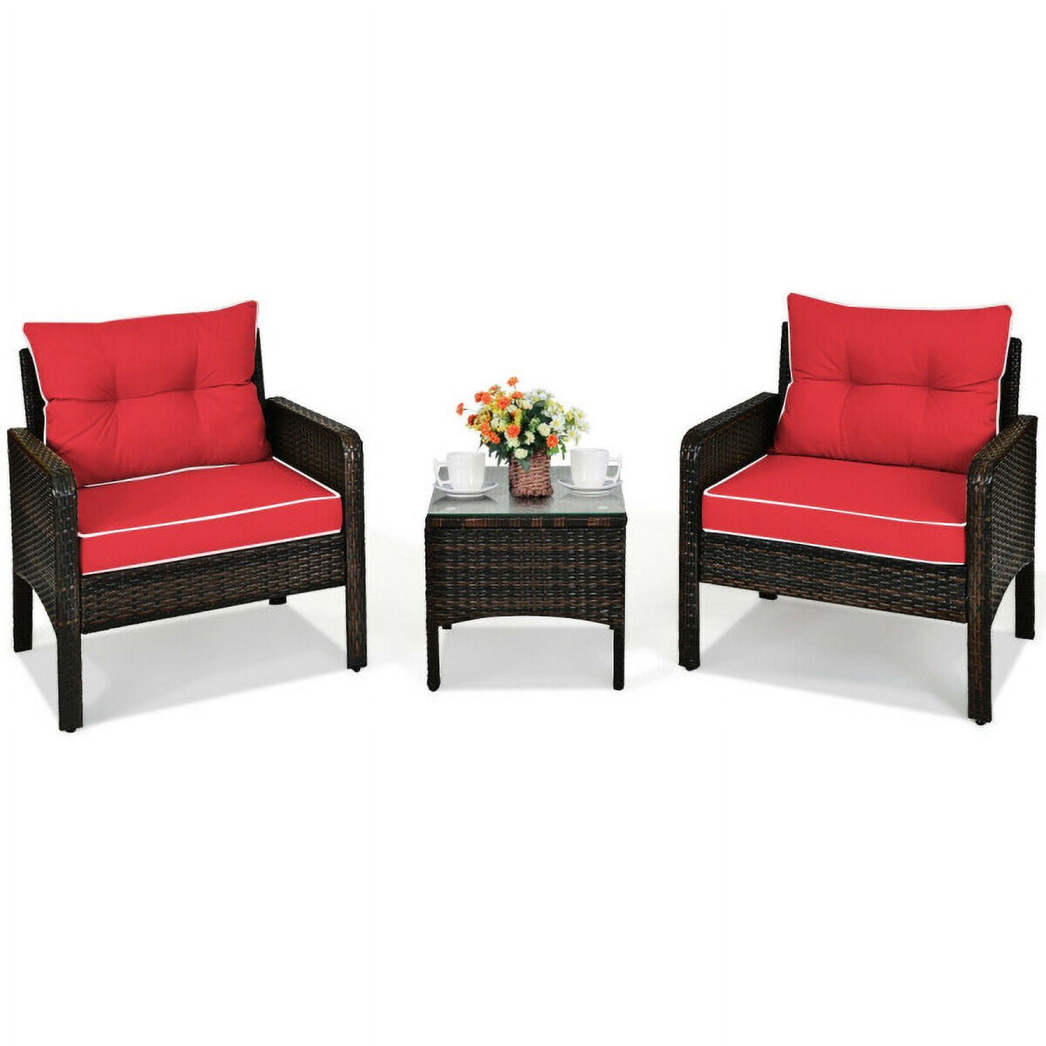 Aimee Lii 3 Pieces Outdoor Rattan Wicker Loveseat Furniture Set with Cushions, Small Patio Set, Red