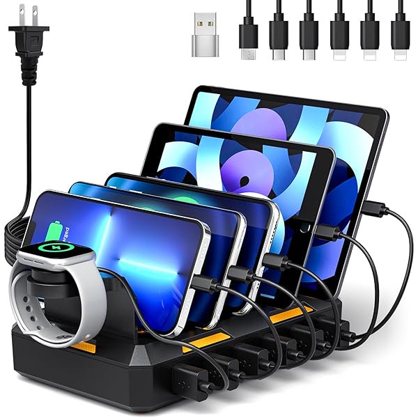 W829 Charging Station for Multiple Devices, 6 in 1 Multi Charger Station Charging Dock for Cellphone Tablet iPhone iPad and More - 50W Charging Station Organizer with 6 Mixed Charging Cables