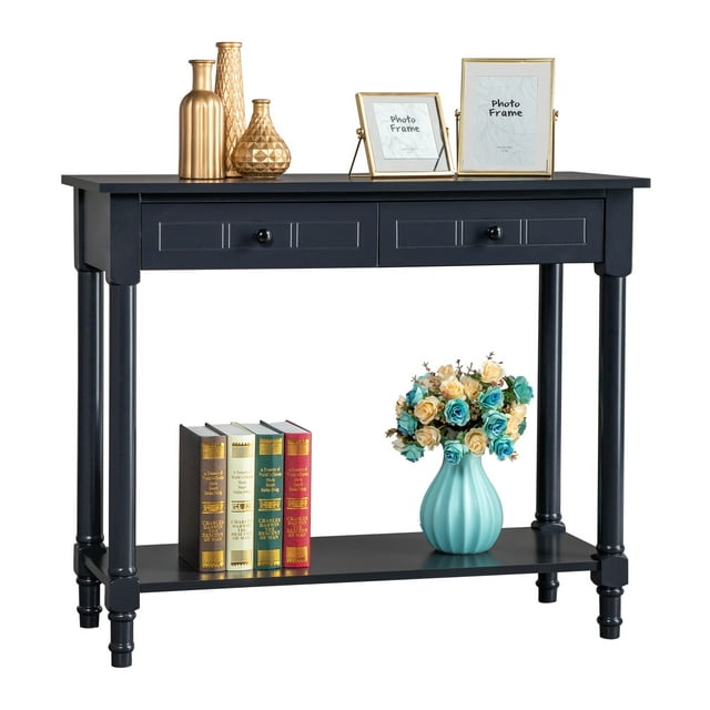 2-Tier Console Table with 2 Drawers, Console Tables for Entryway, Sofa Table with Storage Shelves, Entryway Table Behind Sofa Couch, for Living Room, Kitchen, Navy Blue/Black