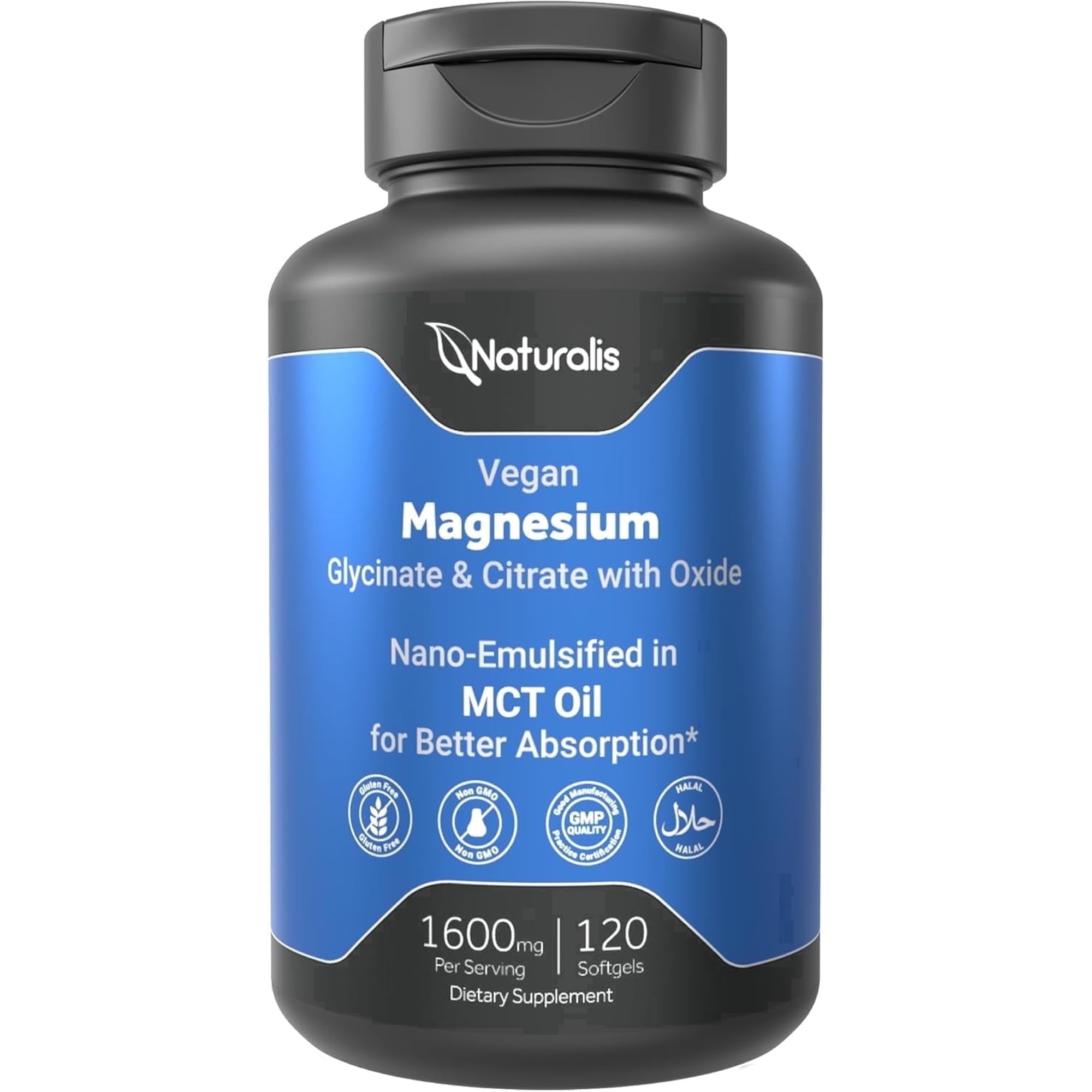 Naturalis Vegan Triple Magnesium Complex | Chelated Glycinate, Citrate & Oxide 1600mg Delivers 250mg Elemental Magnesium | Easily Absorbed for Stress, Muscle, Heart, Bone Support* | 120 Softgels