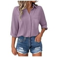 thumbnail image 2 of felwors Women Plus Size Button Down Shirts Long Roll Up Sleeve V Neck Collared Casual Blouses Oversized Shirt Tops Light Purple, XXL, 2 of 5