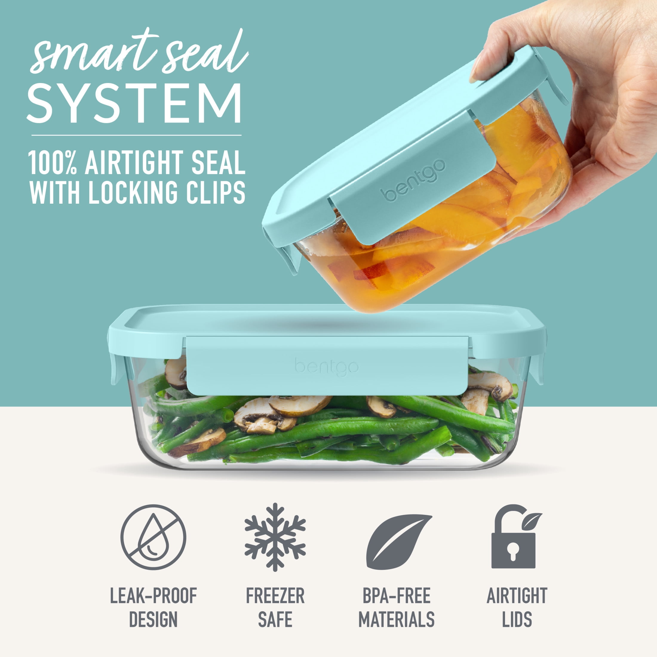 Bentgo Glass Leak-Proof Food Storage Set - 14-Piece Glass Containers with BPA-Free Airtight Lids, Reusable & Durable for Leftovers & Meal Prep - Microwave, Freezer, Oven & Dishwasher Safe (Soft Aqua)