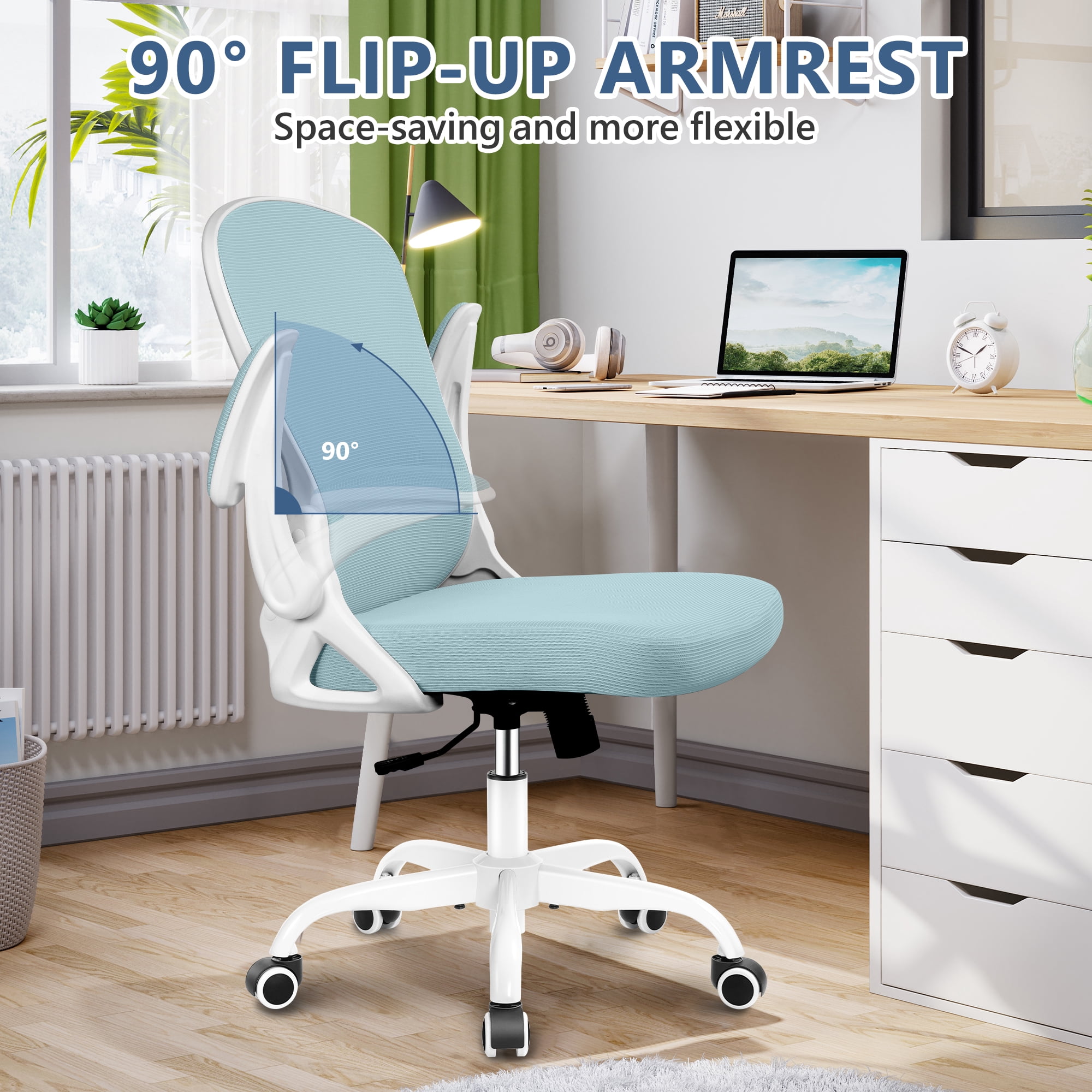 ATHOPE Office Chair, Ergonomic Desk Chair with Flip Up Armrests, Height Adjustable Computer Chair with Lumbar Support, Light Blue