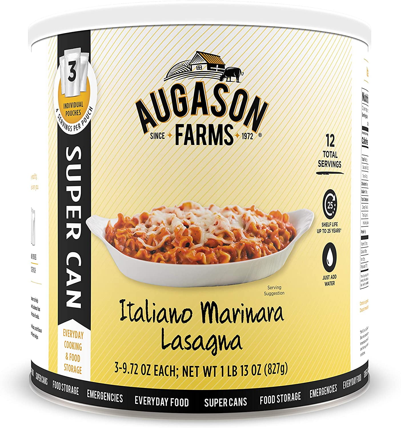 Augason Farms Italiano Marinara Lasagna SUPER CAN with 3 Pouches