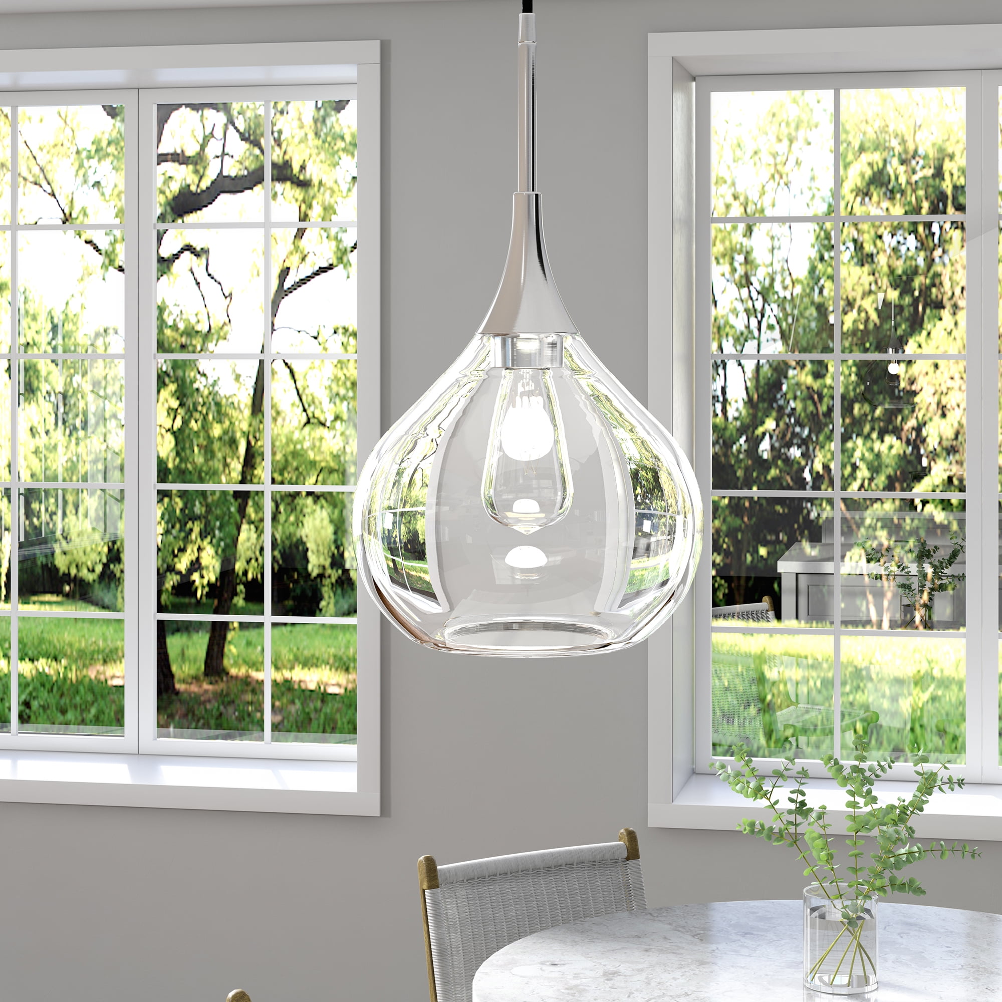 Evelyn&Zoe 9" Polished Nickel Metal/Glass Pendant