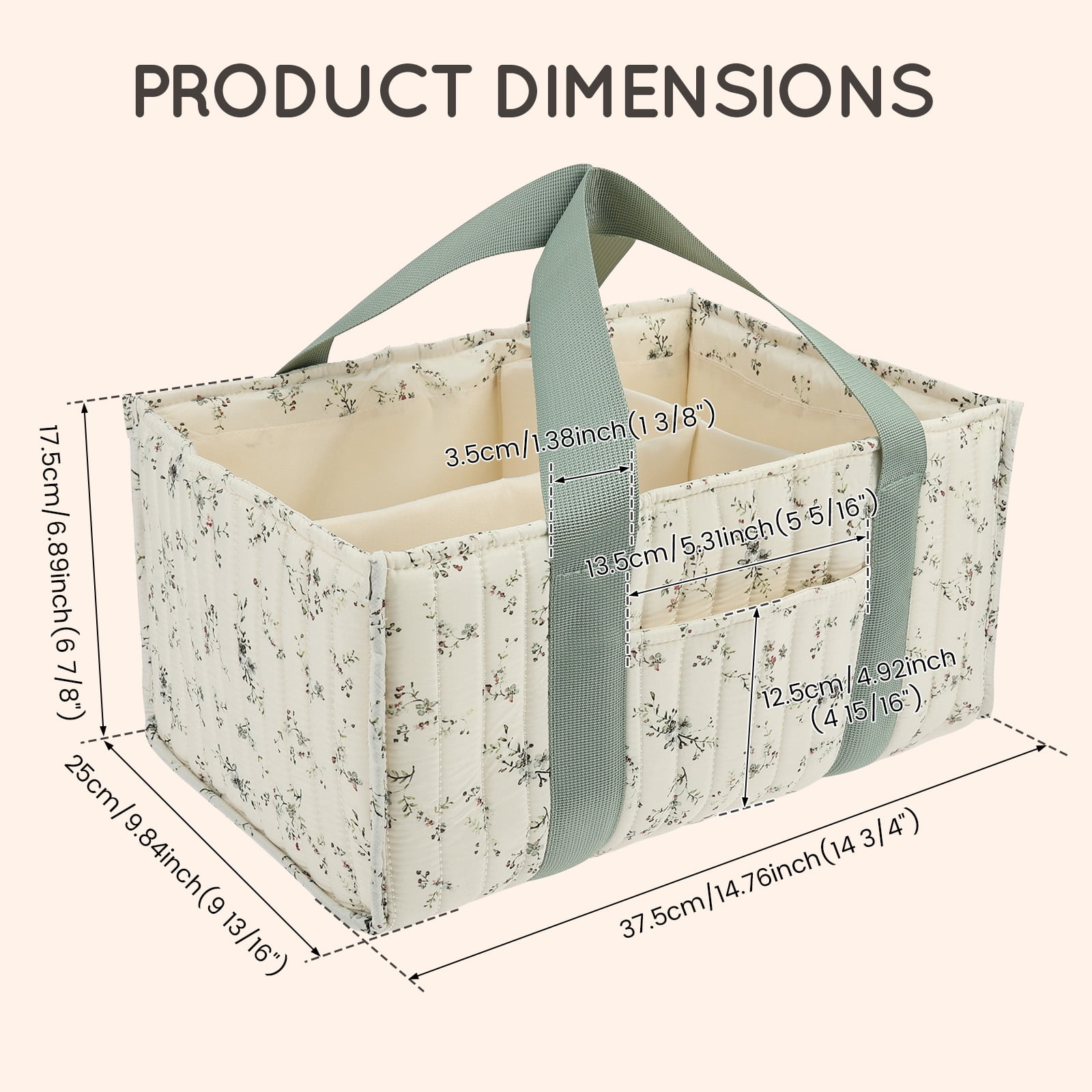 Ikoopy Floral Diaper Caddy Organizer Stylish Nursery Storage Basket Present for Baby Shower Newborn Essential Floral Beige Green