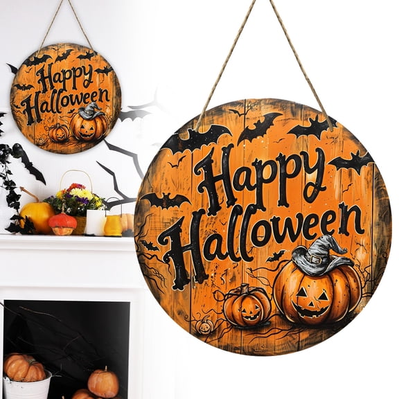 Happy Halloween Pumpkin Wooden Circular Logo Decorative Board, Rustic Wall Hanging Sign for Front Door, Porch, and Home Fall Festive Decor