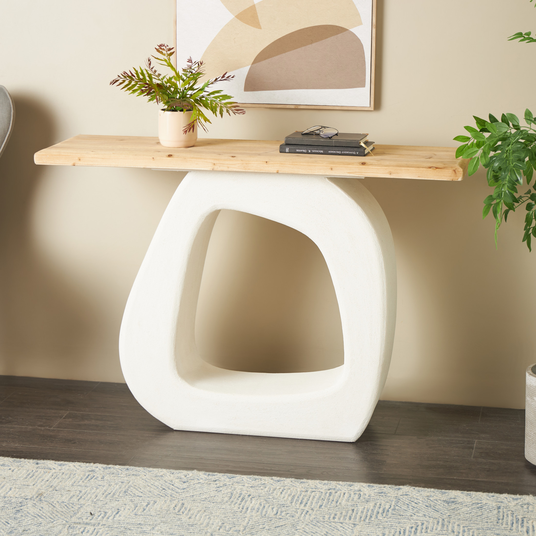 DecMode 47" x 32" White Wooden O Shaped Console Table with Light Brown Tabletop, 1-Piece