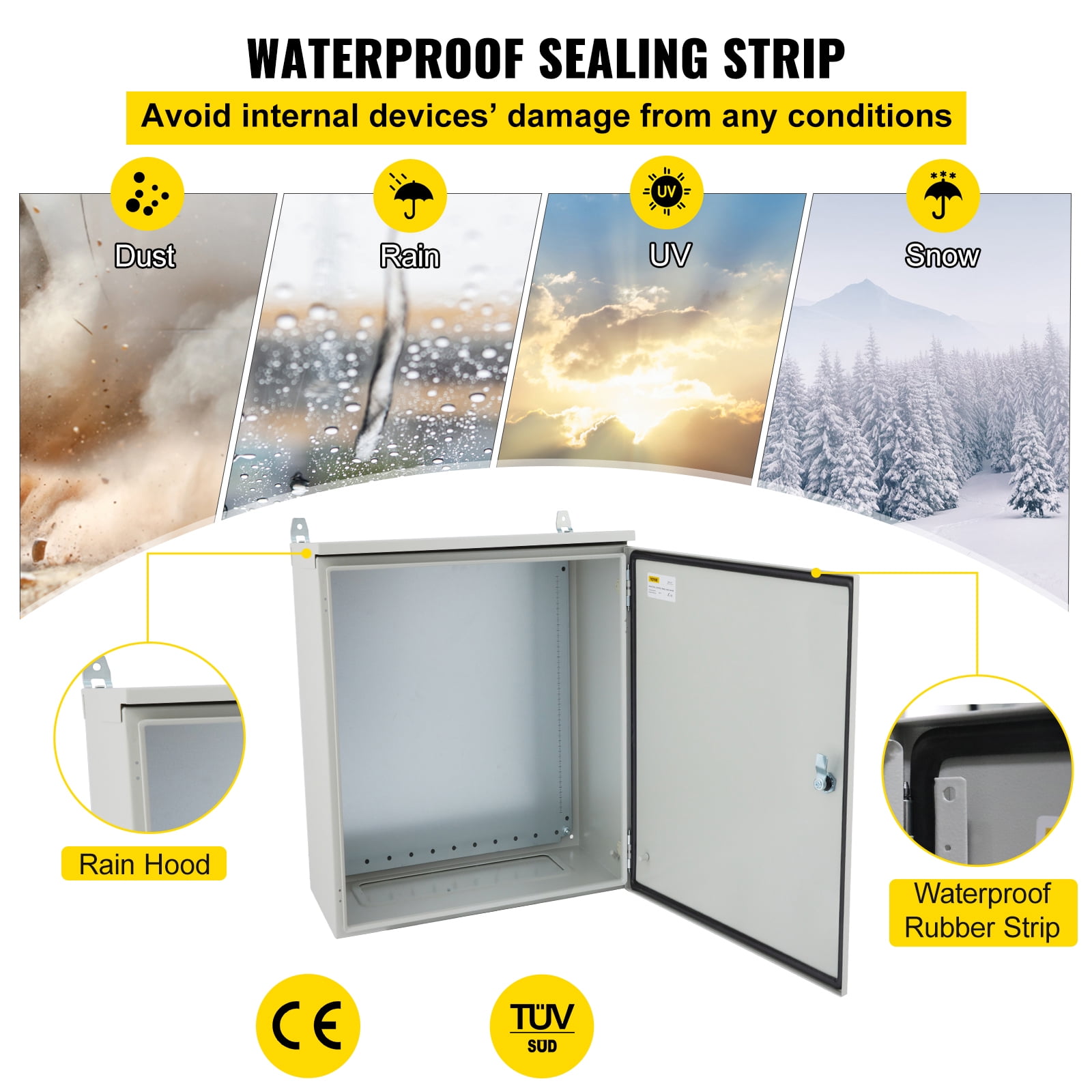 VEVOR Electrical Enclosure, 20'' x 16'' x 8'', UL Certified NEMA 4 Outdoor Enclosure, IP65 Waterproof & Dustproof Cold-Rolled Carbon Steel Hinged Junction Box for Outdoor Indoor Use, with Rain Hood