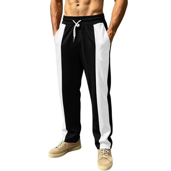 Mens Color Block Baggy Sweatpants Straight Track Pants Casual Athletic Travel Black L
