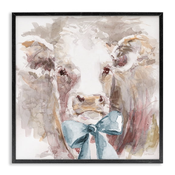 Stupell Industries Soft Abstract Cow & Bow Animals Painting Black Framed Art Print Wall Art, 12 x 12