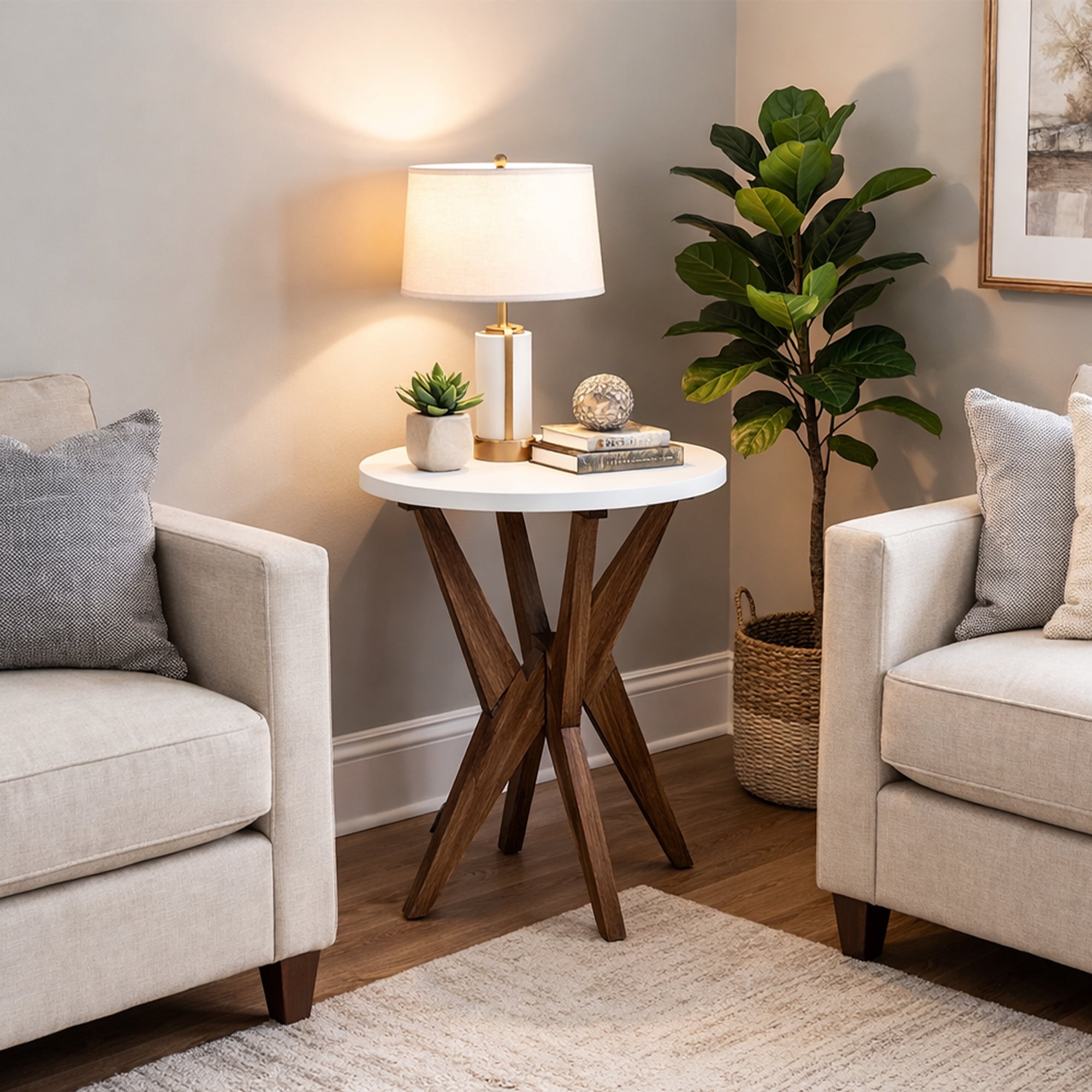 Round End Table 24'' High Side Table with White Top & Cross Legs, Mid Century Modern Accent Bedside Table for Living Room, Balcony, Bedroom or Small Spaces, White Walnut