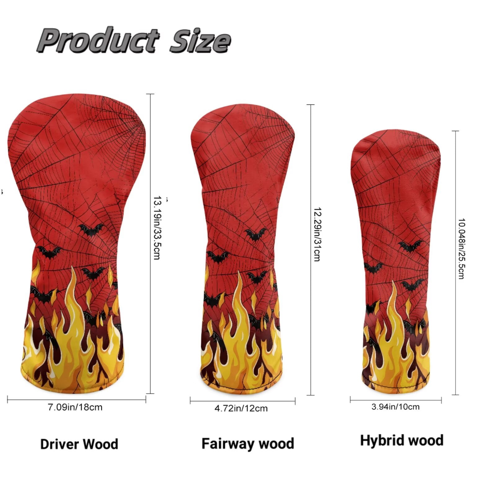 Uorisanigo Golf Club Covers Set for Driver, Fairway Wood and Hybrid Soft PU Leather Fire Red Black Bat Golf Club Head Covers, 3 Pack Set Essential Golfing Accessories, Easy to Use