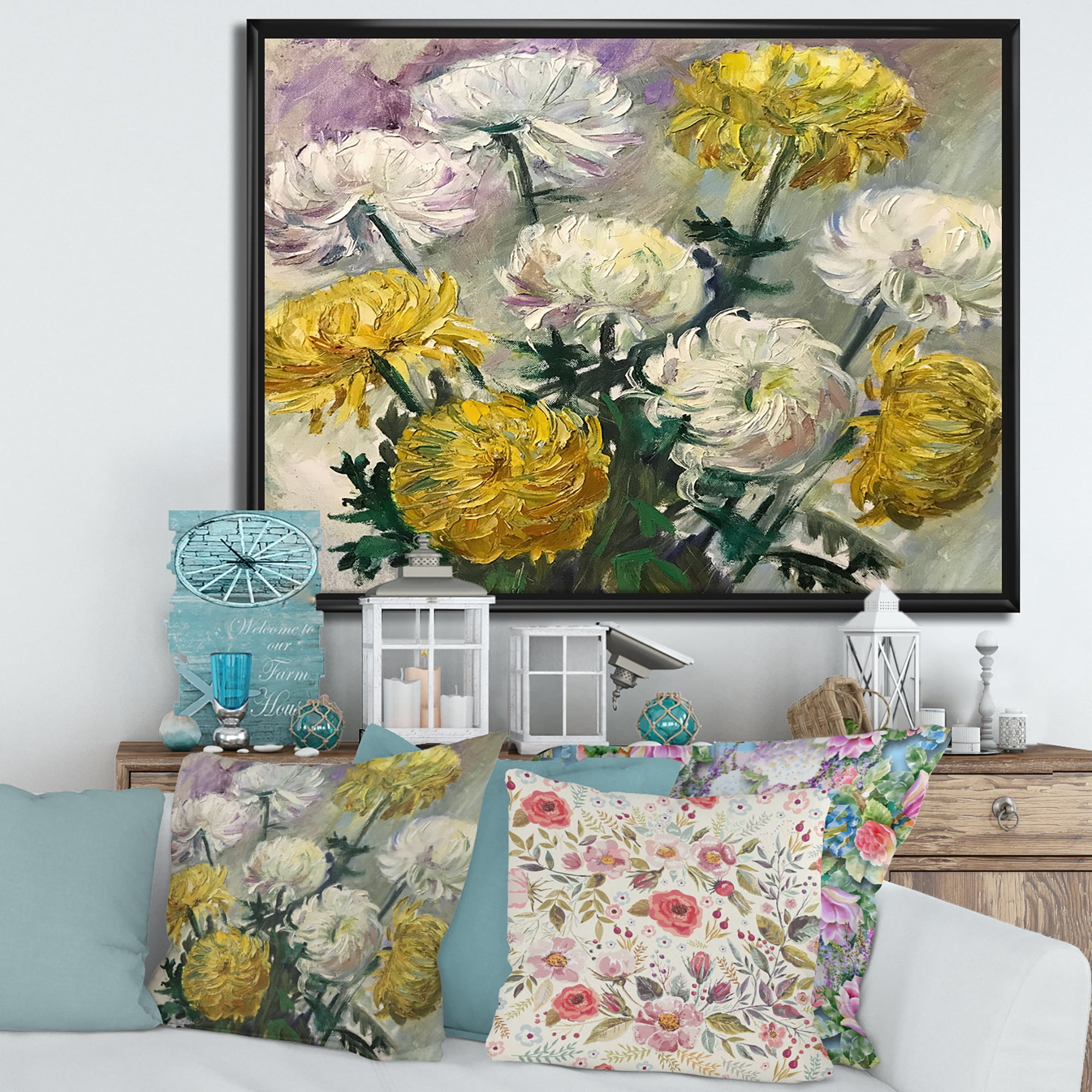 Designart 'Golden and White Daisies' Traditional Framed Canvas Wall Art Print