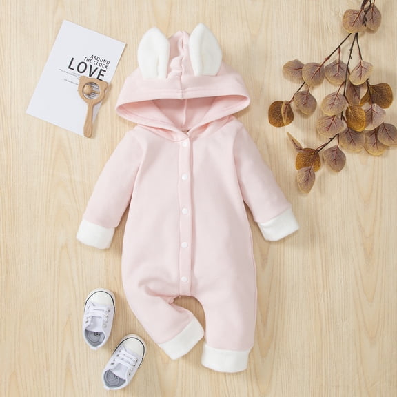 Yidarton 2022 infants and toddlers fleece bodysuit jumpsuit autumn and winter models rabbit ears long-sleeved long legs crawling clothes baby outer wear harness Pink 90CM