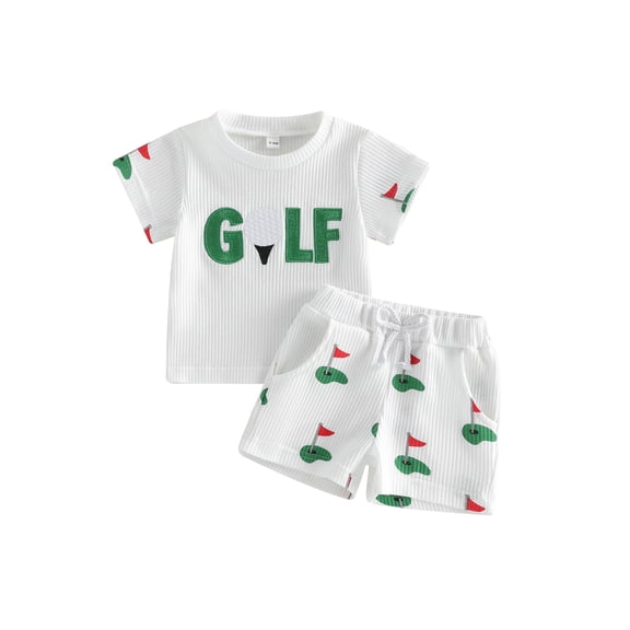 BemeyourBBs Toddler Baby Boys Golf Outfit Waffle Knit Short Sleeve Letters Print T-shirt with Golf Court Print Shorts Set Cute Summer Clothes