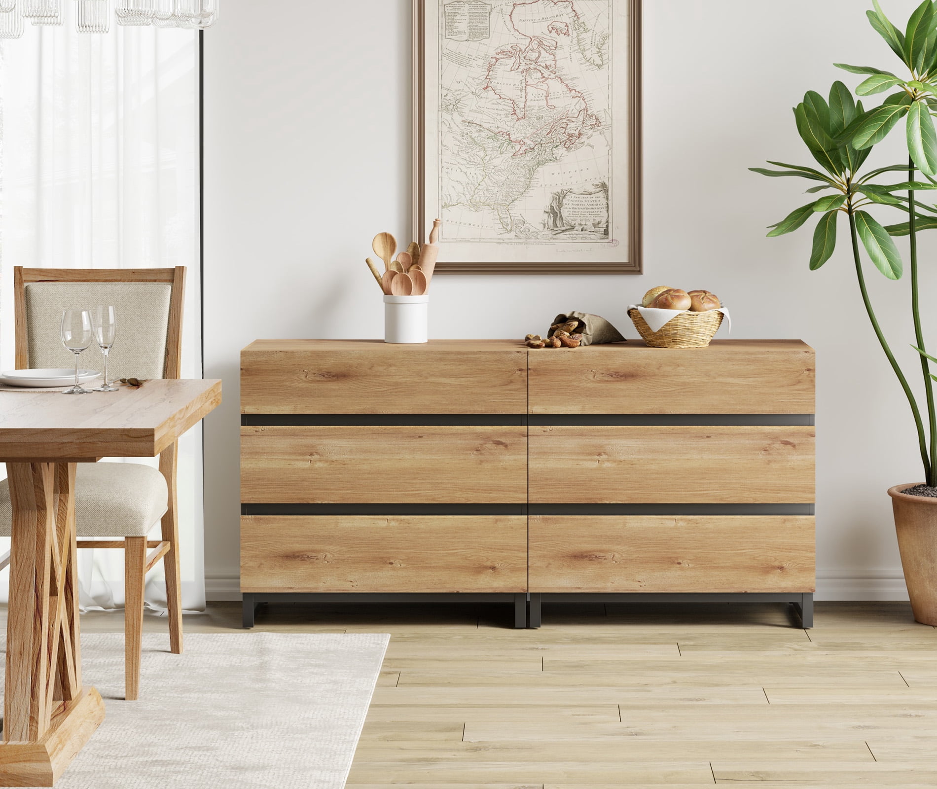 2 In 1 Multifunctional Sideboard Buffet Cabinets, Modern Sideboard With Adjustable Shelf And 6 Drawers, Coffee Bar Cabinet Storage Cabinet For Living Room, Kitchen,Oak