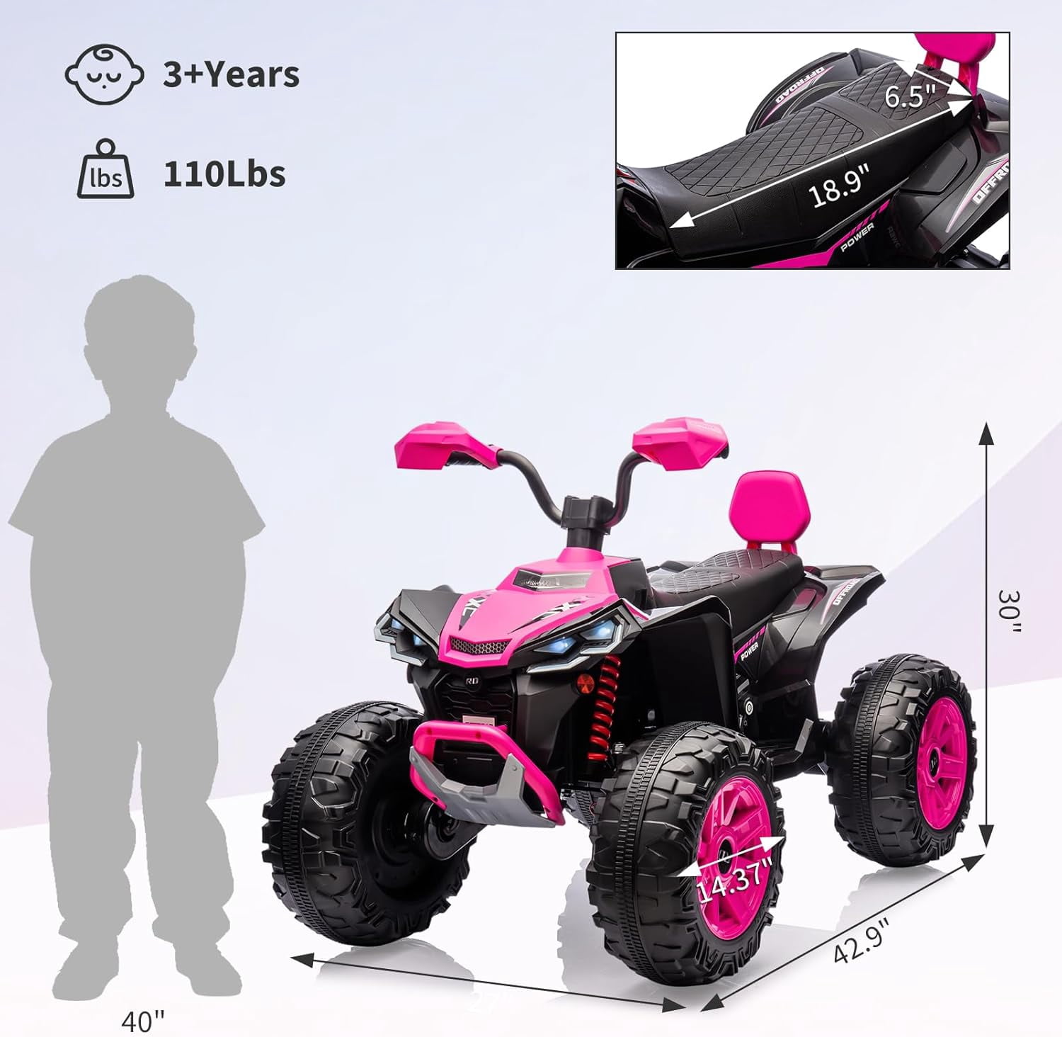 24V Ride-On 2-Seater Electric ATV for Kids – Four-Wheel Off-Road Vehicle with 3-Speed Control, Hydraulic Suspension, Disc Brakes, LED Lights, MP3 Player & Multi-Axis Steering, Pink