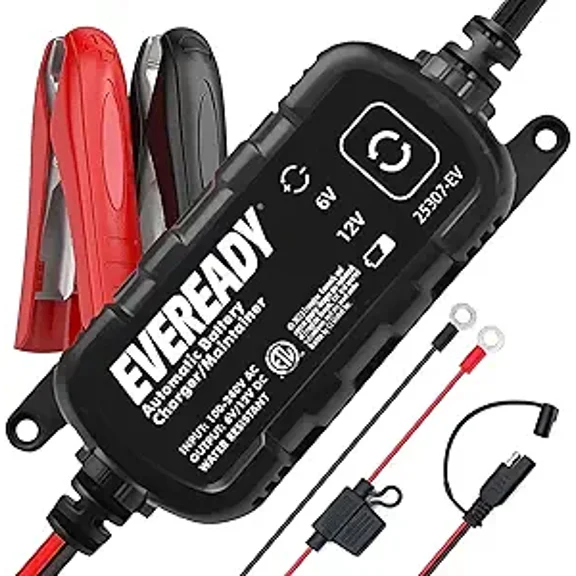 Eveready 1.2A Car Battery Charger – Automatic Float Trickle Charger for Car Battery 12V & 6V Lead Acid, Portable Car Battery Charger and Maintainer with Overcharge & Short-Circuit Protection