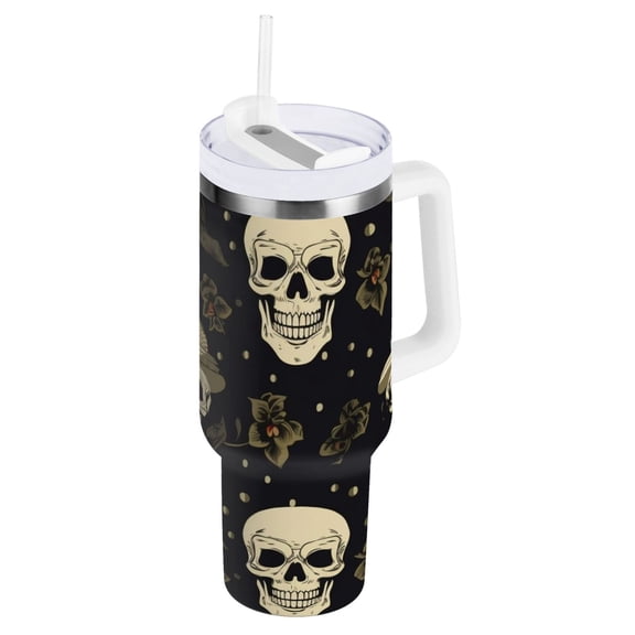 Skeleton Skull Tumbler with Handle and Straw Insulated Travel Mug Reusable Stainless Steel Water Bottle 40 oz