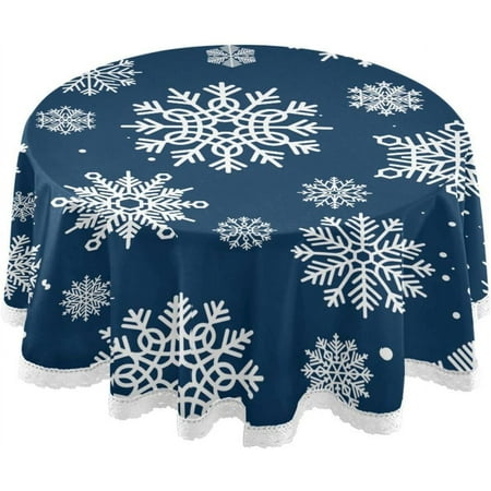 SKYSONIC Blue Snowflakes Round Tablecloth,Washable Oil Proof Table Cover for Kitchen Holiday Party Wedding Picnic Decoration