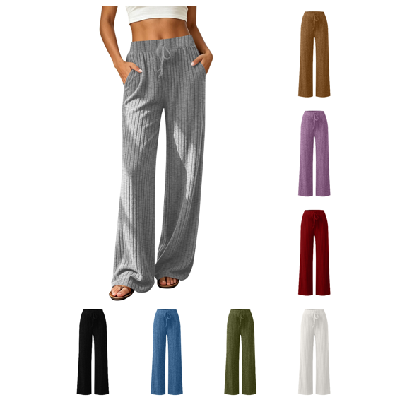 Zynoxe Pants for Women Comfy Ribbed Brushed Drawstring Trousers Lightweight High Waist Full Length Pants Fashionable Solid Color Lounge Pants with Side Pockets