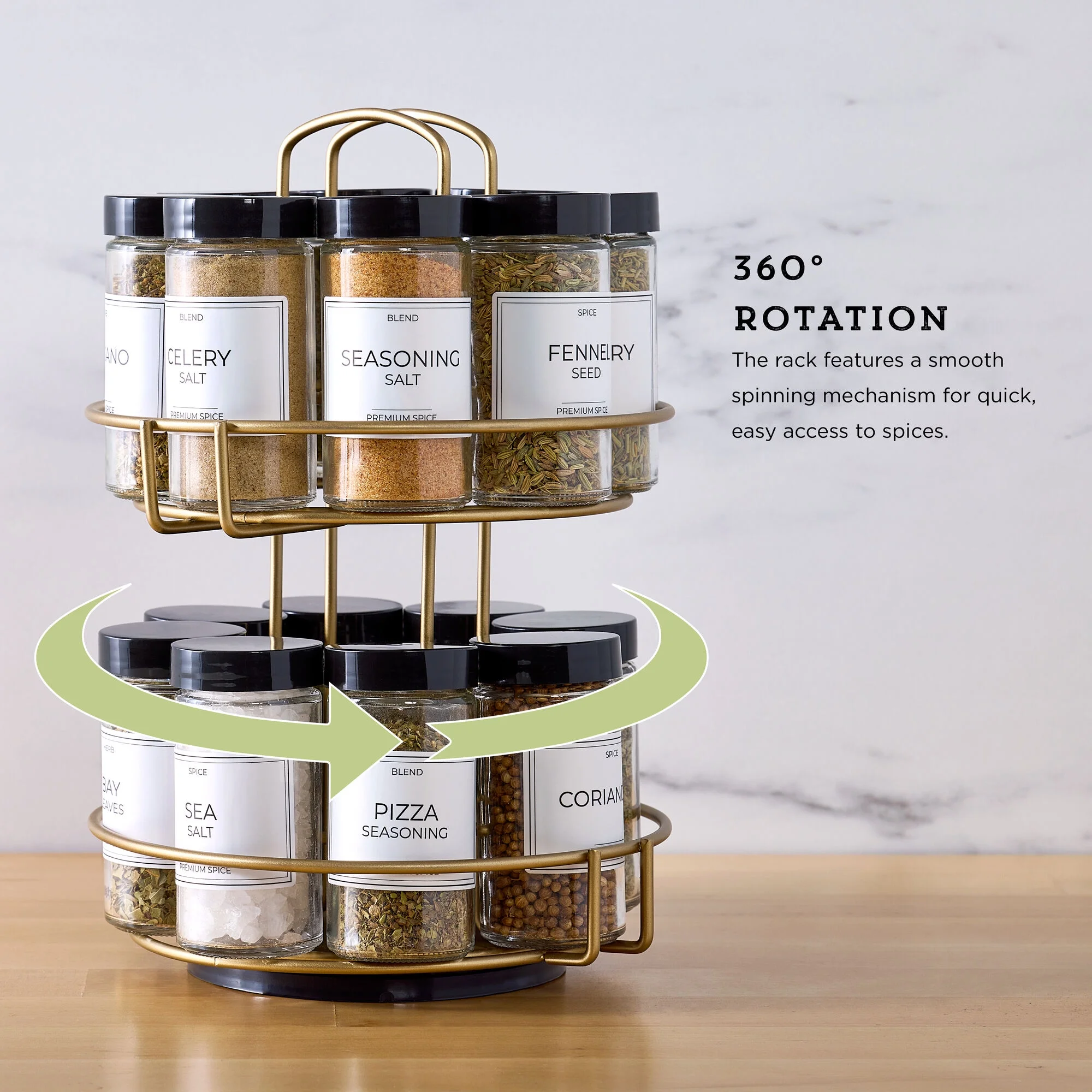 Kamenstein Prefilled 16-Jar Gold Wire 2-Tier Revolving Filled Countertop Spice Rack & Organizer, Rotating Spice Rack with Filled Jars, Space-Saving Kitchen Counter Organizer