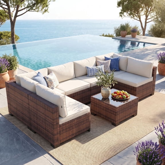 Clouddwell 7 Piece Outdoor Patio Furniture Set, Wicker Rattan Patio Sectional Sofa Sets, Off White