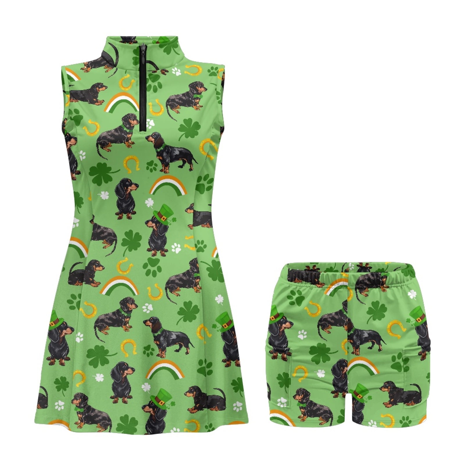 COEQINE Dachshund Shamrock Paw Print Horseshoe Pattern Women's Golf Dress for St. Patrick's Day Sleeveless Stand Collar Athletic Dresses with Built in Shorts and Pockets, XL