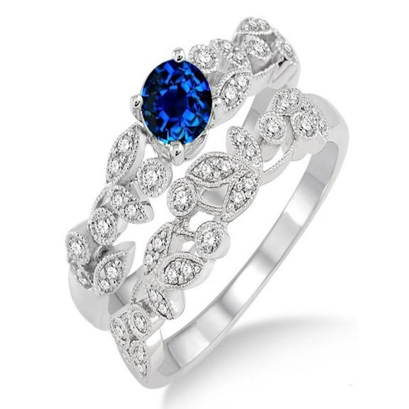 1.25 Carat Sapphire and Diamond Antique Flower Bridal Set on 10k White Gold
