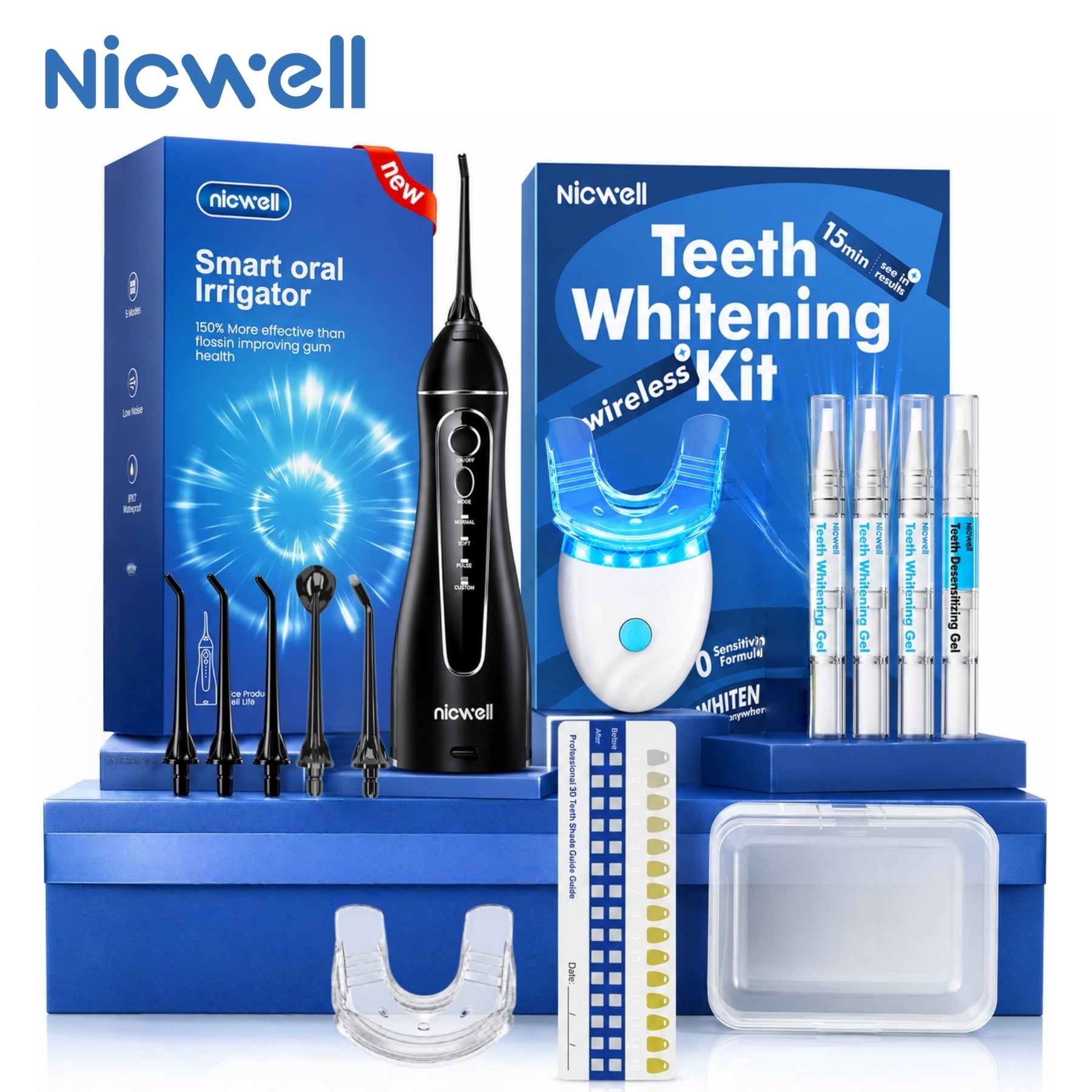 Water Flosser + LED Blue Light Oral Care Kit, Cordless Dental Irrigator with 1500 Pulses/min Deep Clean, 32 LED Teeth Care Device with 15-Min Timer, 2 Trays, Portable for Home Travel