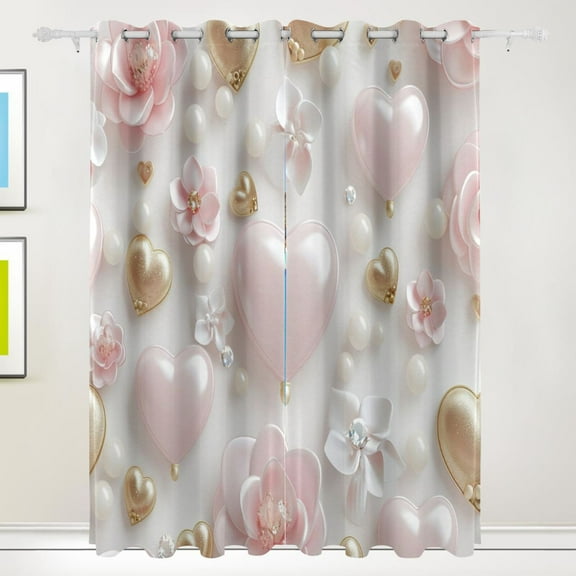 3d Hearts Flower Jewels Pearls Black Out Curtains 84 Inch Length Curtains for Sliding Glass Doors Bedroom Living Room 2 Pack