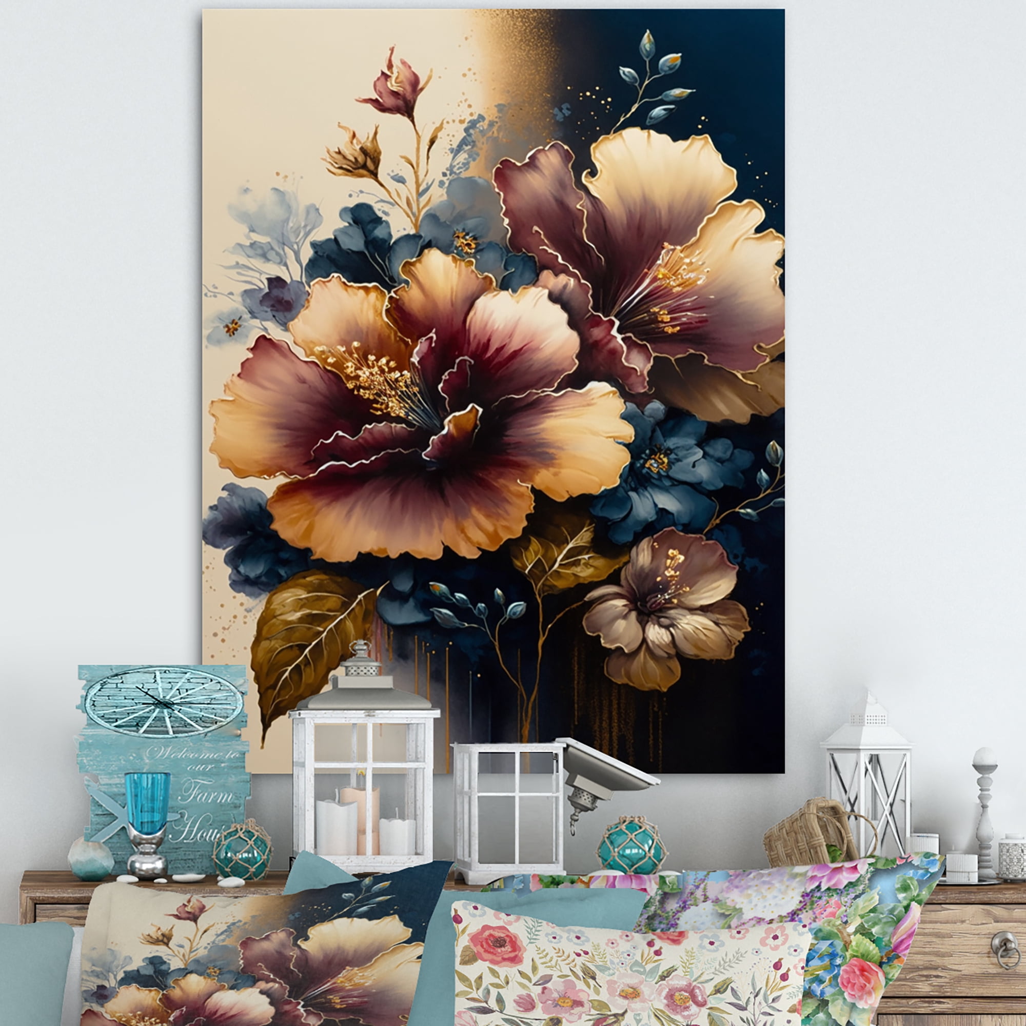 Designart Burgundy And Blue Hibiscus Bunch I Canvas Wall Art
