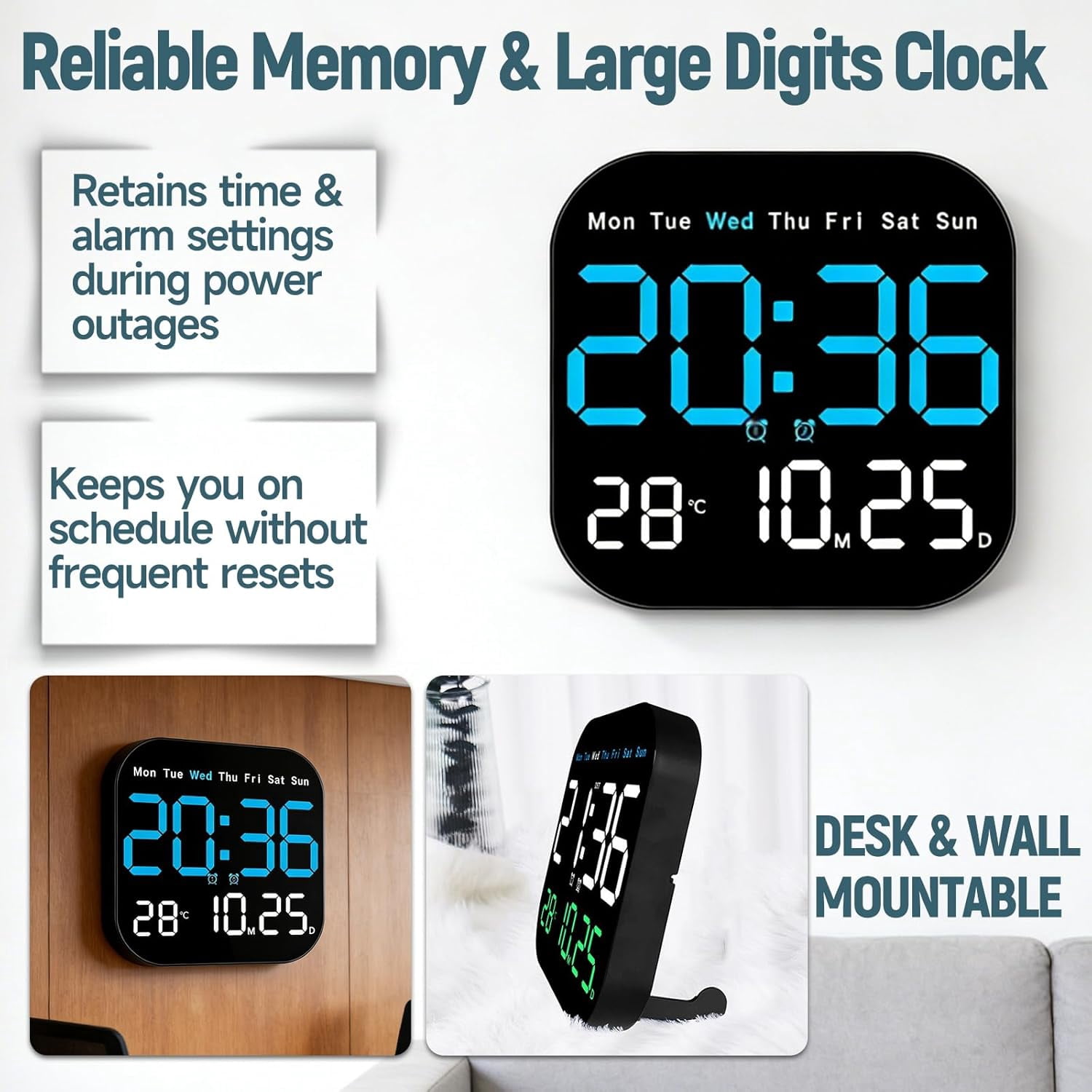 Hangable Standalone Square Clock - Large Digital Wall Clock with Remote, Auto-Dimming LED Display, Indoor Temperature Humidity Date Monitor, Modern Living Room Gadget, Office & Bedroom Decor