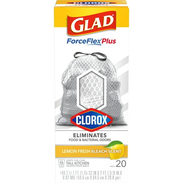 Glad ForceFlexPlus with Clorox Tall Kitchen Trash Bags, 13 Gallon, 20
