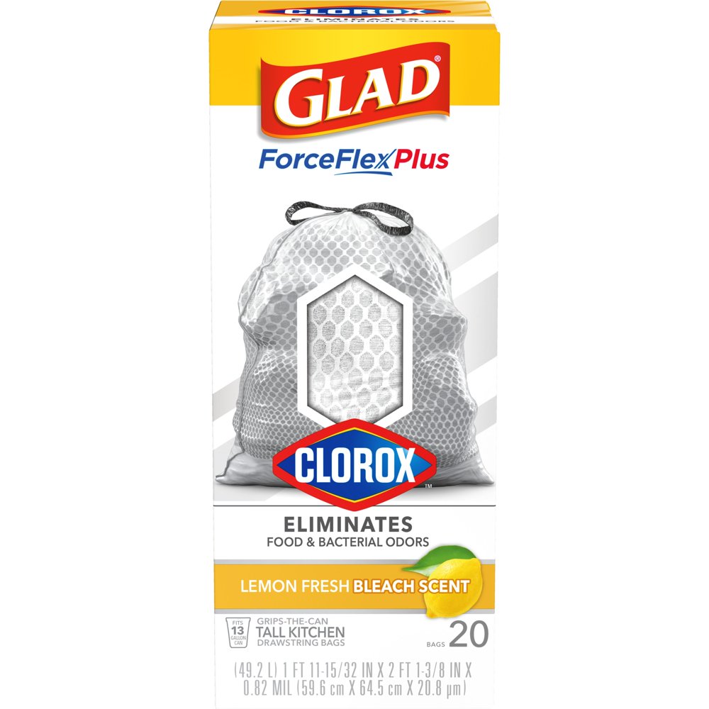 Glad ForceFlexPlus with Clorox Tall Kitchen Trash Bags, 13 Gallon, 20