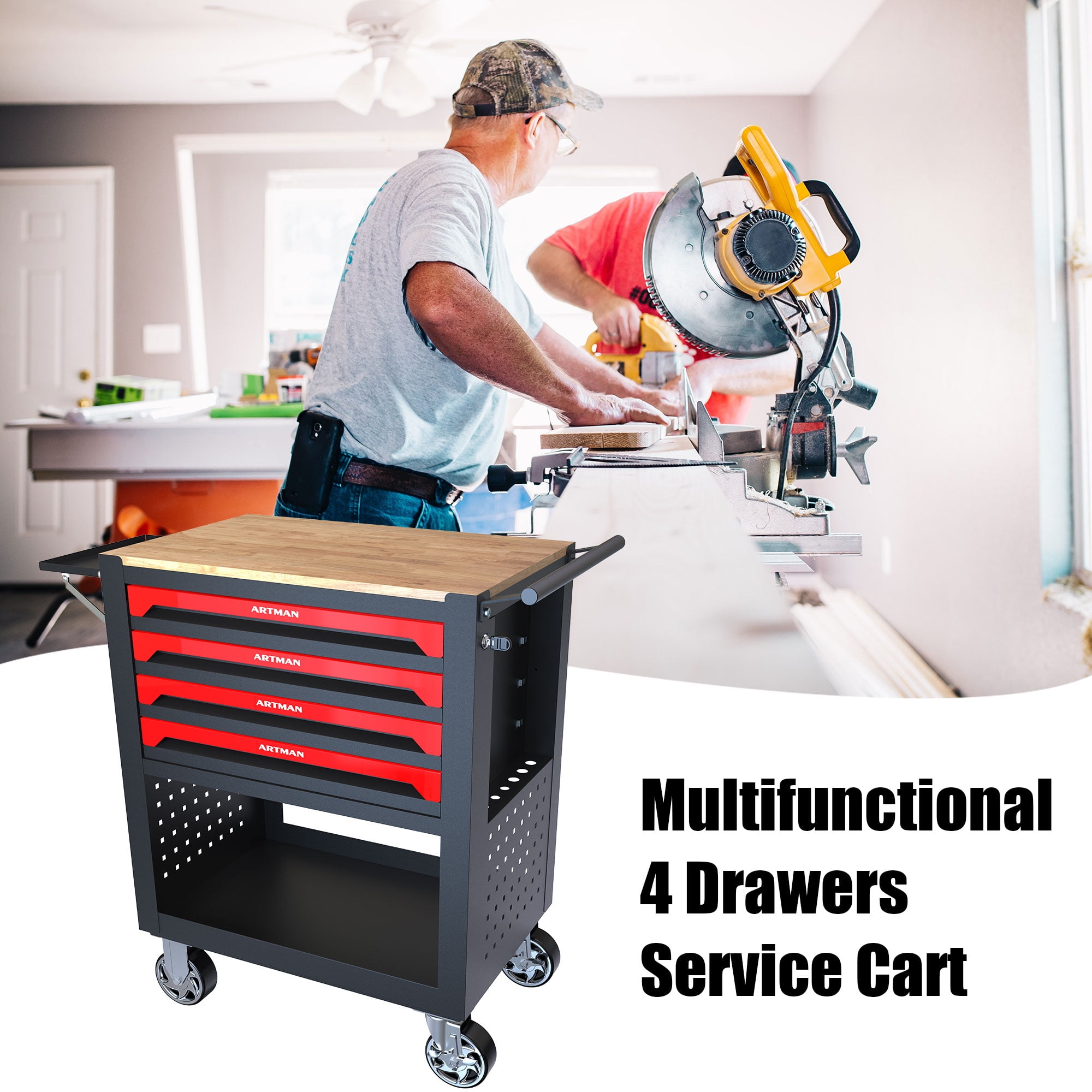 4 Drawers Tool Cart With Wheels And Wooden Top