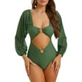 thumbnail image 1 of Bikini de una pieza con escote en V, mangas largas, malla y control de abdomen en color verde militar, talla pequeña, 1 of 5