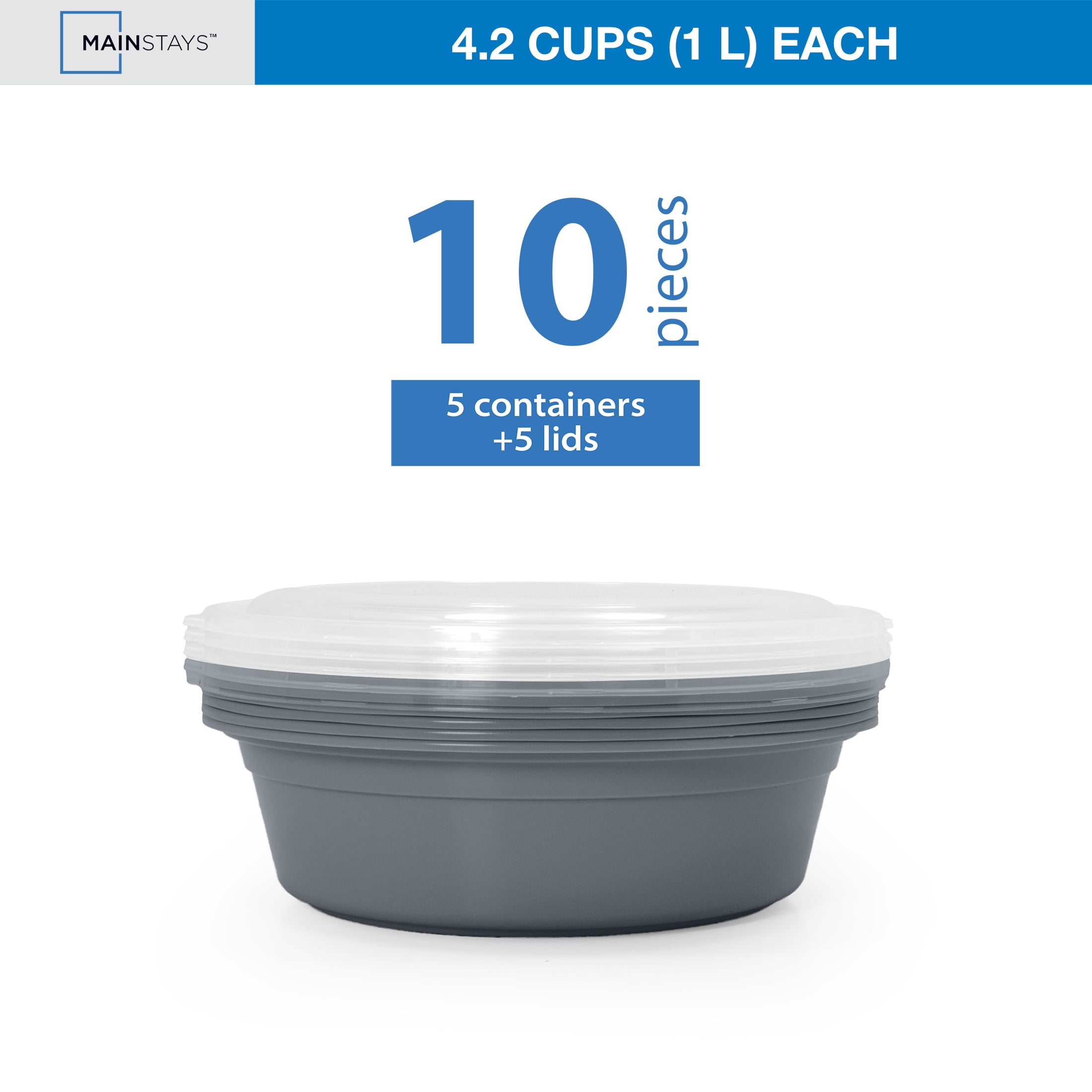 Mainstays 5-Pack Round BPA-Free Plastic Meal Prep Food Storage Containers, 1L, Soothing Grey