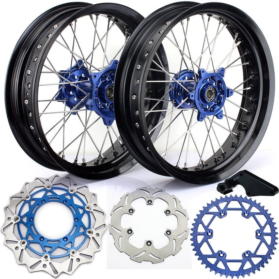 17" Supermoto Complete Wheels Rotors Discs Sprocket For Yamaha YZ250F YZ450F YZF 250 450 2014-2020 2015 2016 2017 2018 2019 Black Rim Blue Hub