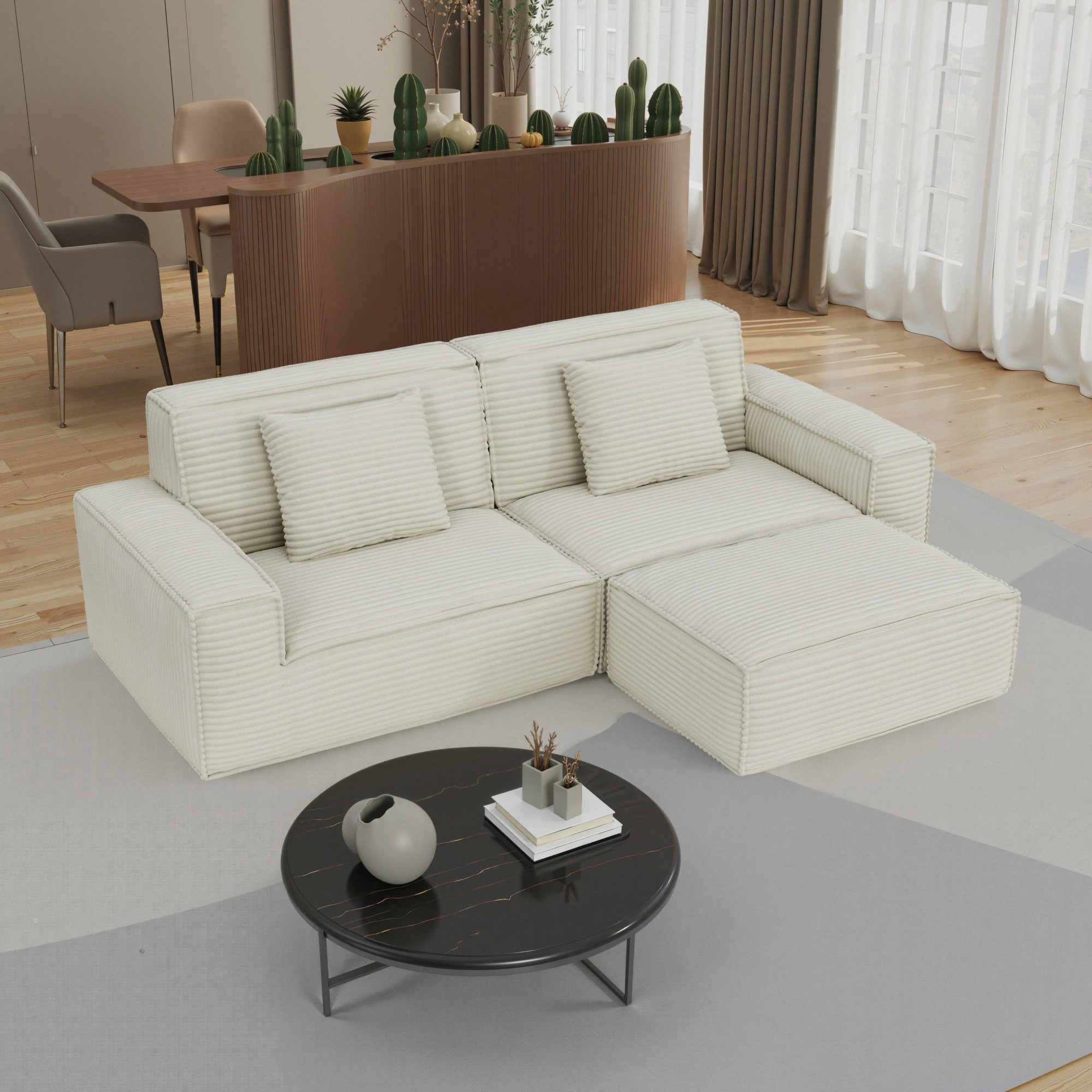 Gewnee Beige 106.3 Inch Compression Sofa - Full Sponge High Rebound,Straight Row with Foot Pedal,for Living Room & Bedroom.Beige
