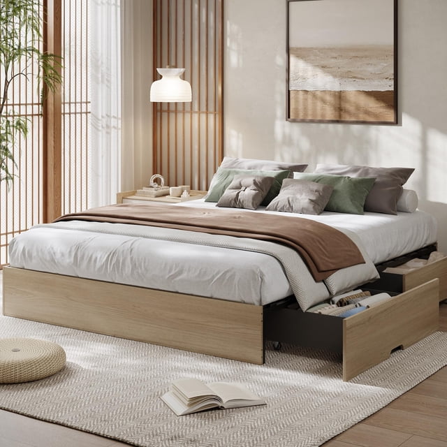 Bed Frame with 2 Storage Drawers, Wooden Low Profile Bed Frame, No Headboard, Wood Slat Support, Noise Free, No Box Spring Needed, Easy Assembly