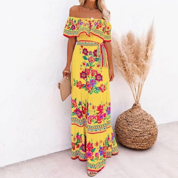 ICHUANYI Clearance Strapless Bandeau Elasticity For Women Summer Printing Tube Tops Casual Sexy Off Shoulder Holiday Dress Beach Dress(Yellow, XXL) ICHUANYI WER2023080817286
